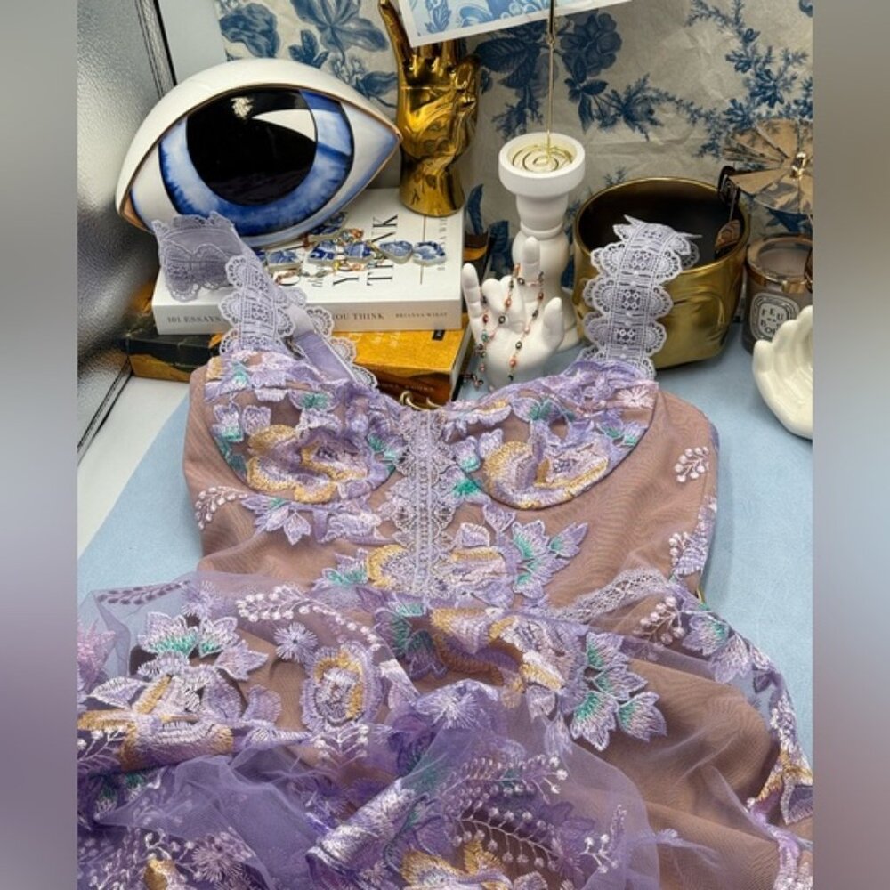 🆕 BRONX & BANCO 🧿 NWOT Eva Embroidered High-Low Midi Dress, Purple Sz XS US 2 - Picture 13 of 15